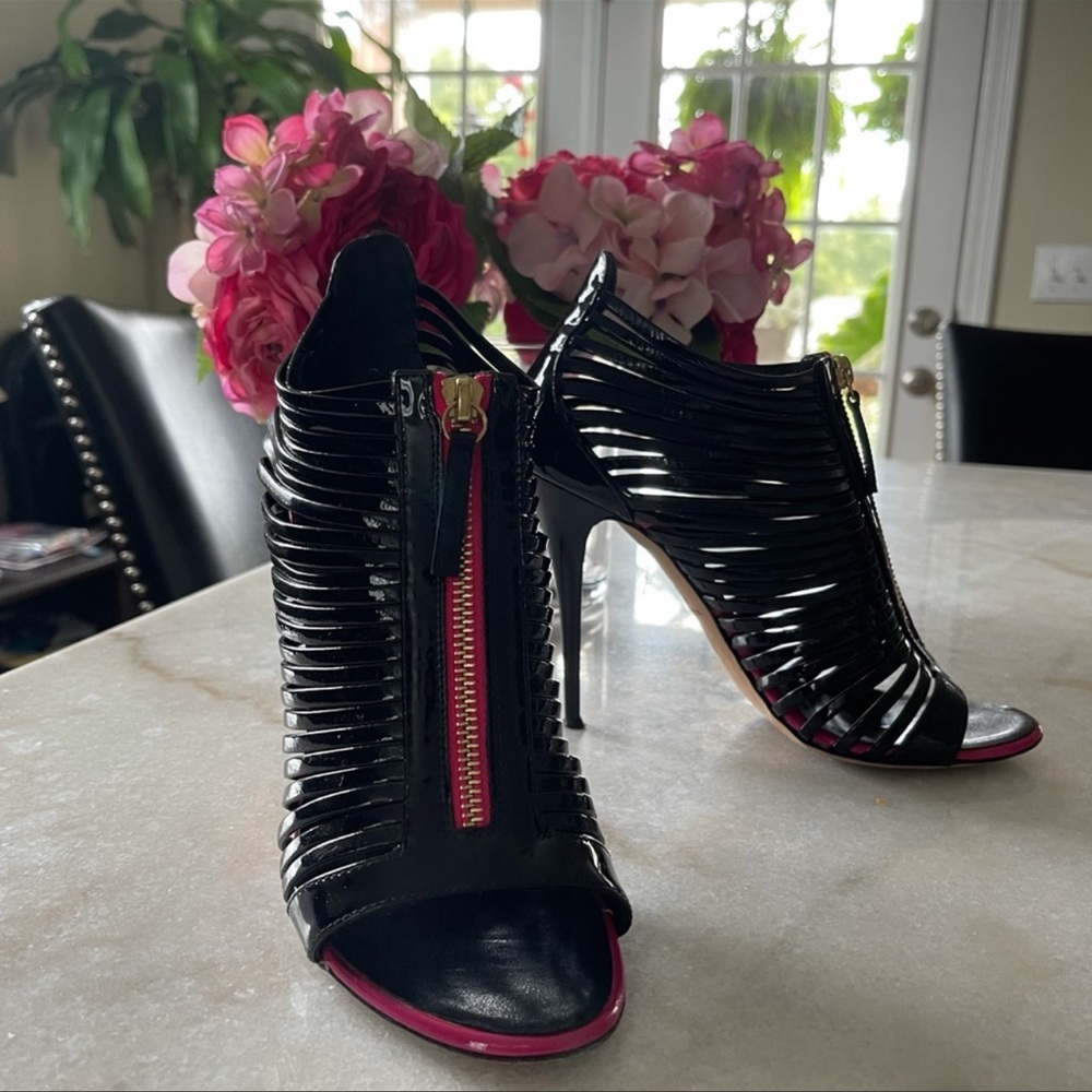 Giuseppe Black Patent and Pink Strappy Stilettos 38